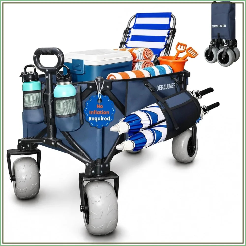 300L Heavy Duty Beach Wagon with Sand-Proof All-Terrain Wheels, Foldable Utility Cart for Camping & Sports (Navy Blue)