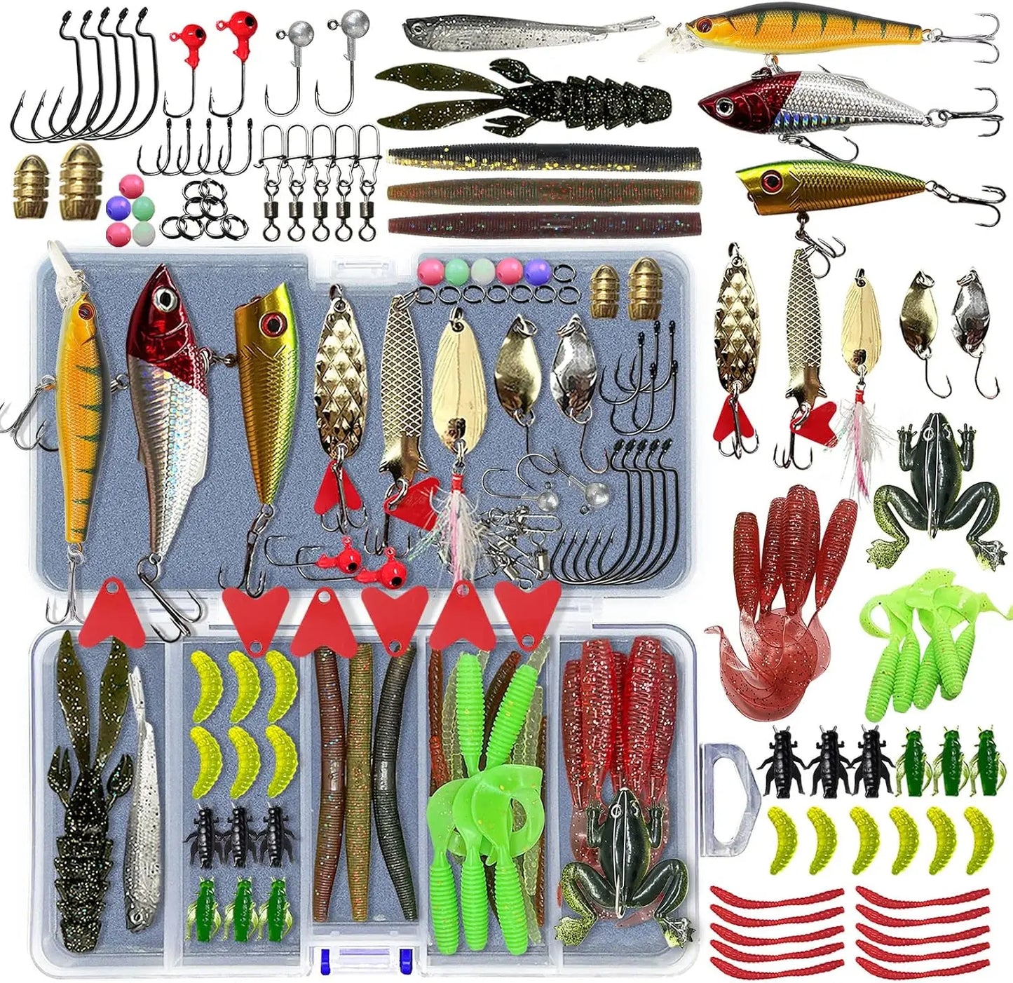 Fishing Lures Kit Set with Tackle Box - Crankbaits, Topwater, Spinnerbaits, Worms, Jigs, Hooks for Bass Trout Fishing Gear