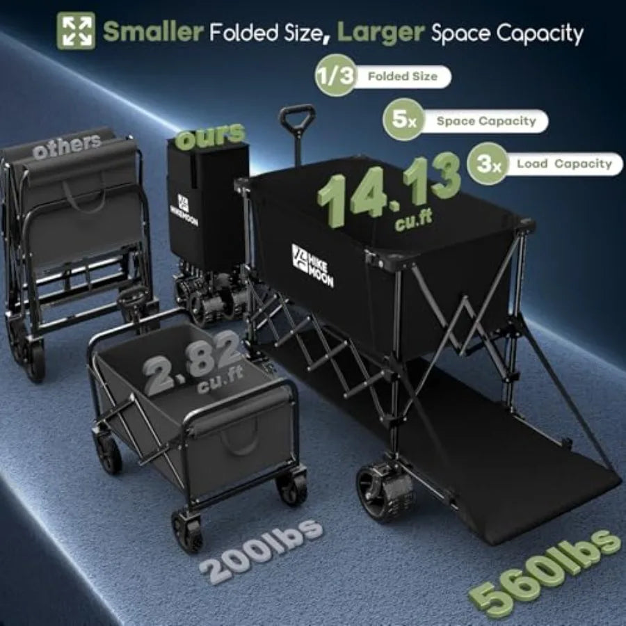 Beach camping sports utility folding cart: black heavy-duty 400L double decker wagon with tailgate 54'' extra long 560LBS capac