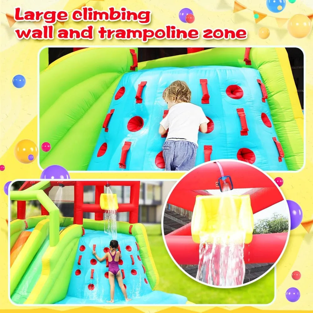 Garden Furniture Inflatable Water Slide Park with Splash Pool Climb The Wall, 3 Inflatable Sport Balls and 4 Water Guns, Water S