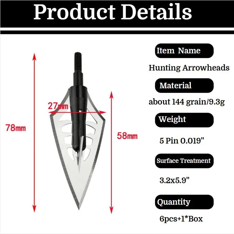 Blade Arrowhead 6pcs Anodized Aluminum Alloy with Storage Box Silver Black Universal Thread Broadheads for Compound Recurve Crossbow Hunting Shooting Target Practice Durable Archery Accessories