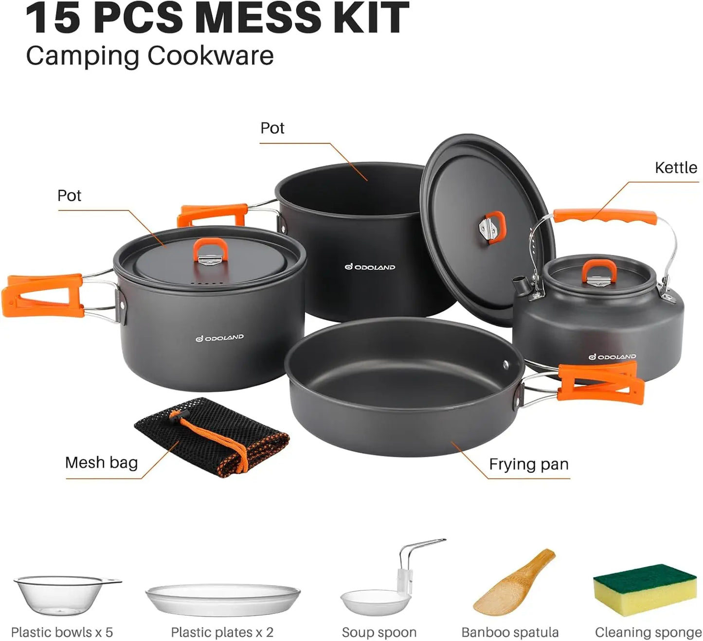 Camping Cookware Set 15pcs Non-Stick Lightweight Pots and Pans with Kettle for Backpacking Outdoor Cooking Picnic