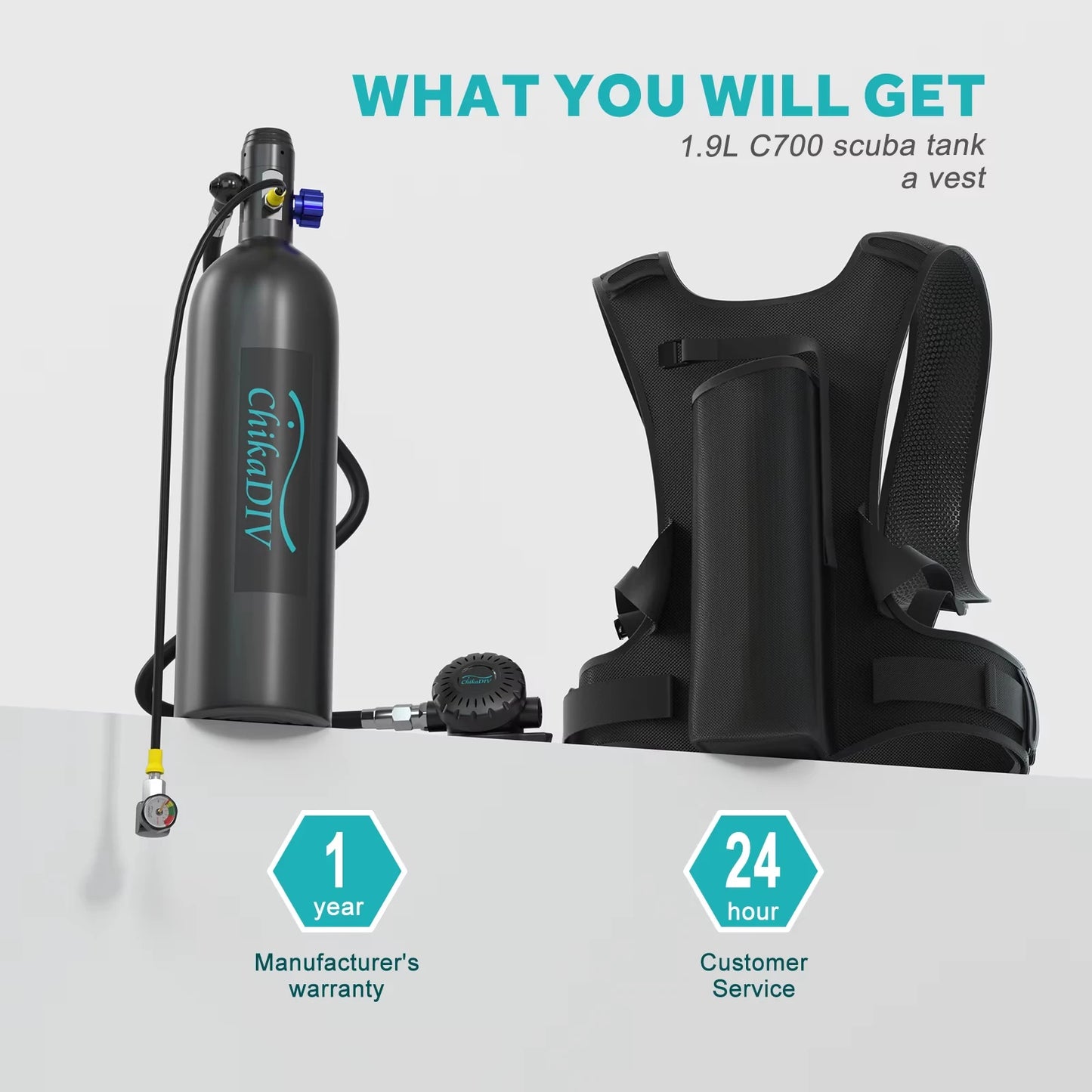 ChikaDIV S700 Mini Scuba Tank 1.9L Portable Diving Tank Reusable Scuba Pony Bottle Backup Dive Air Cylinder up to 30 Minutes
