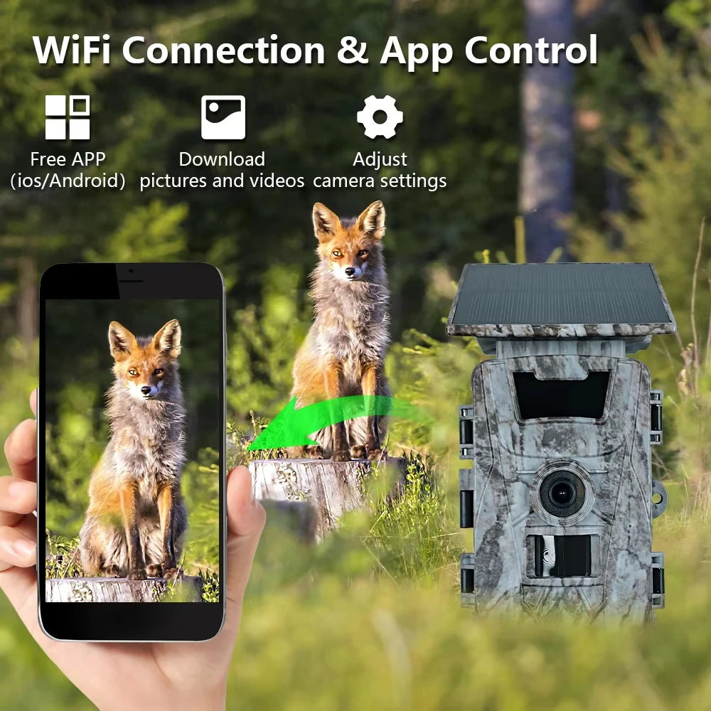 Solar Wildlife WiFi Cameras 60MP 4K Video Trail Camera App Control 0.2s Motion Activated Hunting Monitoring with 5200mAh Battery