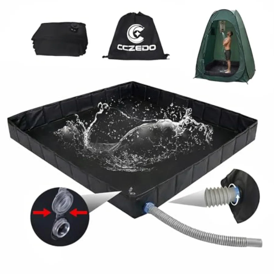 Upgraded Portable Shower Pan 41" x 41" x 5" Foldable Camping Shower Base with Waterproof Storage Bag Dual Drain Holes for RV Ca
