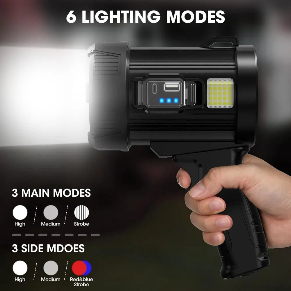 2000000 Lumens Rechargeable Spotlight, Super Bright Handheld LED Flashlight with COB Light & Solar Panel for Boating Camping