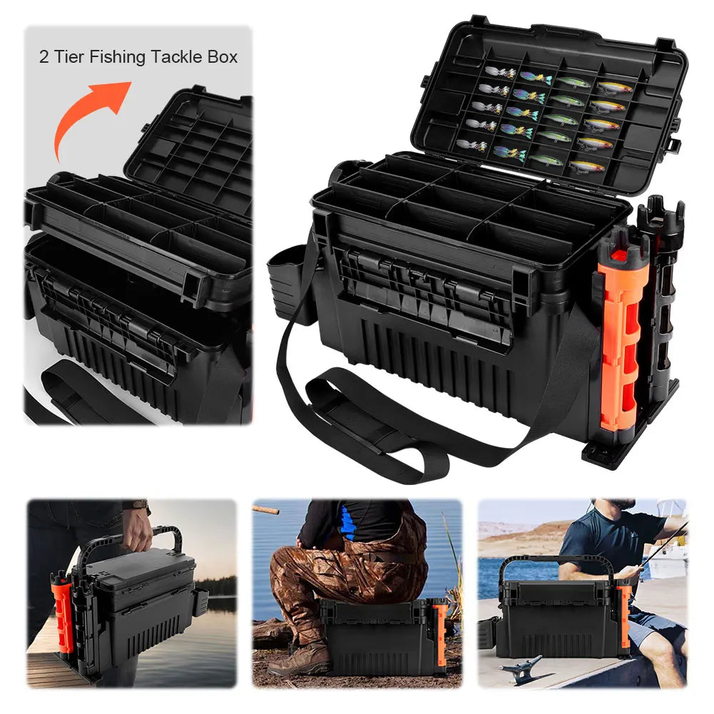 2 Tier Fishing Tackle Box Fishing Gear Box with Cup & Rod Holder Fishing Tackle Storage Box Fishing Tool Box Fishing Accessories
