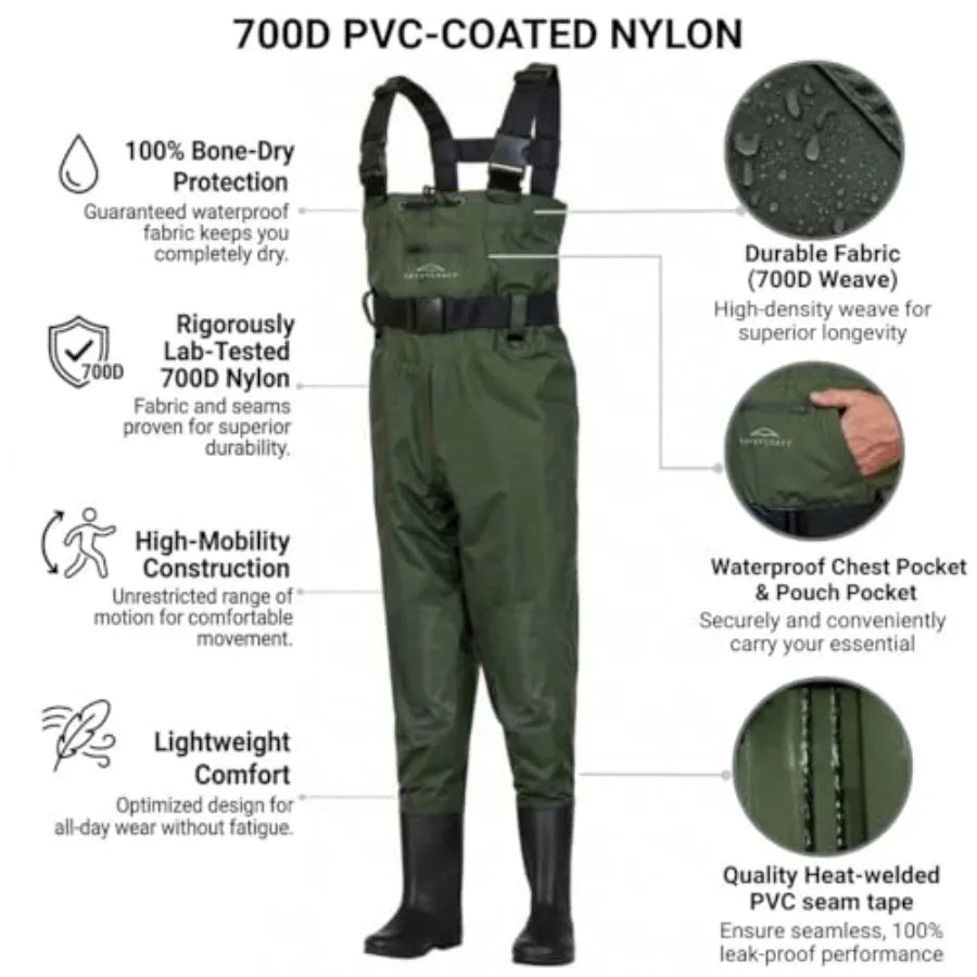 Fishing waders with boots for men and women, 700D nylon/PVC waterproof material, black, reinforced knees and 2-inch elastic adj