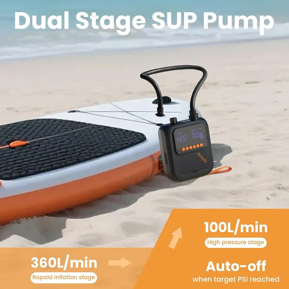 Portable Rechargeable SUP Pump, 20PSI, Auto-Off, Dual Stage, Fast Inflation & Deflation for Paddle Boards, Kayaks, Tents