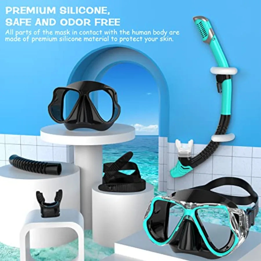 Dry Snorkel Set, Panoramic Wide View Anti-Fog Scuba Diving Mask, Professional Snorkeling Gear for Adults