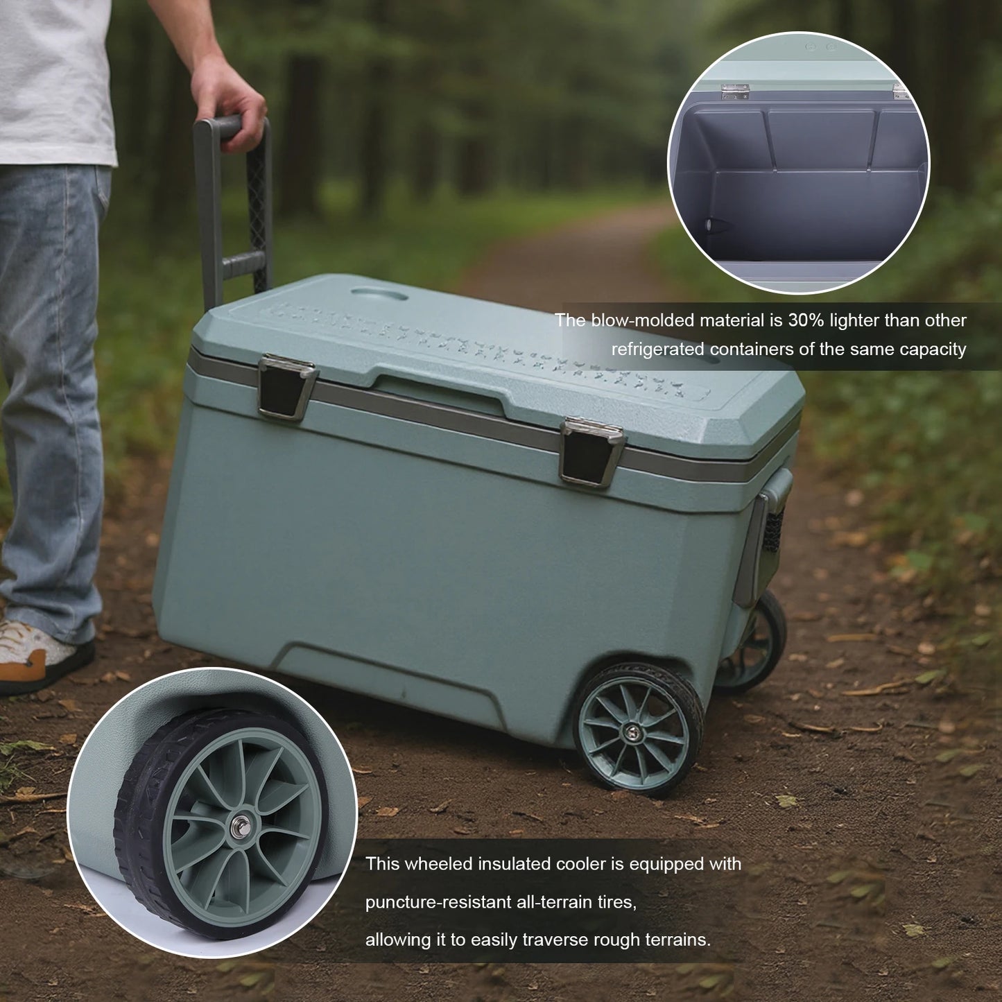 70L Wheeled Cooler Hard Shell Camping Cooler Keep Food Warm Outdoor Camping Vehicle Insulated Box for Beach Beverage Camping