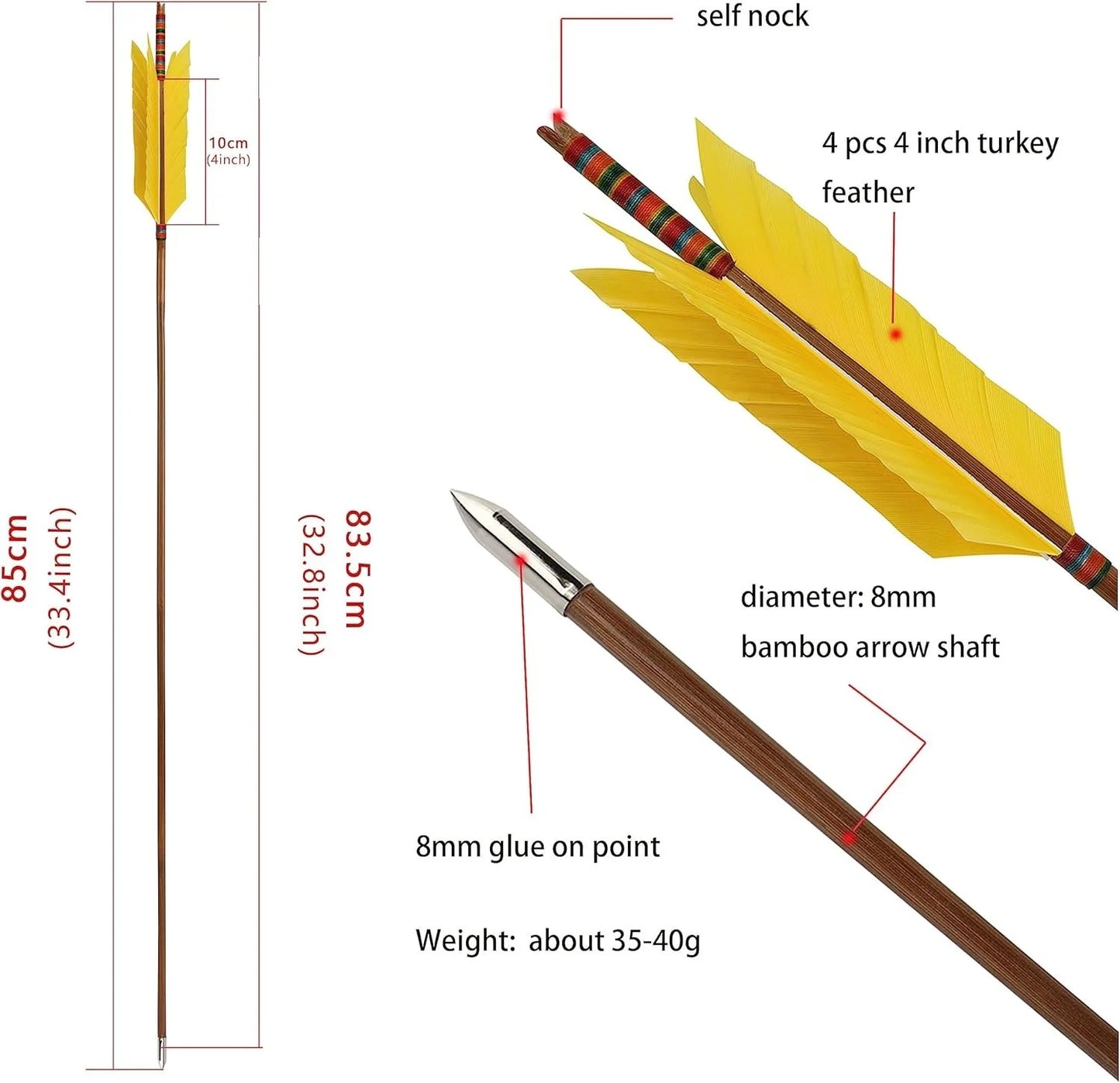 Bamboo Arrows 12pcs 33.4" OD 8mm with 4" Turkey Feather Slotted Nock 6 Color Archery Arrows for Traditional Longbow Compound Recurve Bow Hunting Shooting Target Practice Accessories