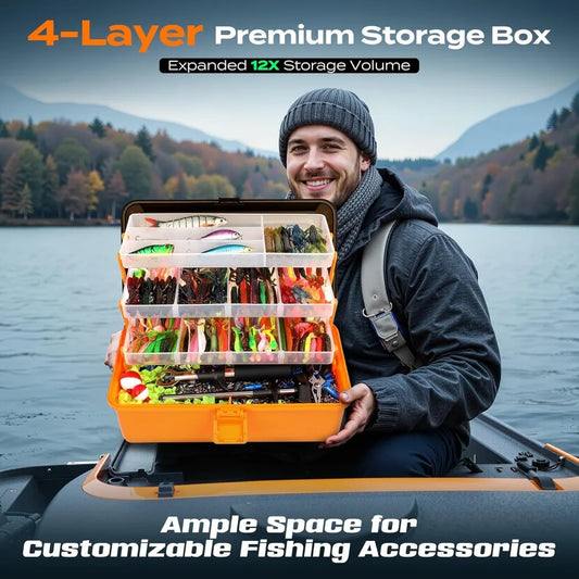 Large 4-Layer Tackle Box with Tackle Included, 547Pcs Fishing Lures Kit - Pliers, Crankbait, Hooks, Weights & Accessories