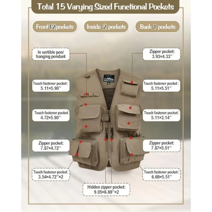 2 Pcs Men's Fishing Vest Sun Hat Multi Pocket Safari Vest for Outdoor Hiking Summer Travel