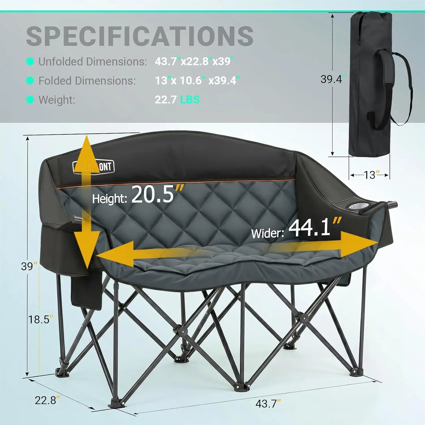 Oversized Double Camping Chair with Cooler Bags, Padded 2 Person Loveseat 850LBS Capacity, Portable Folding for Outdoor Beach Lawn