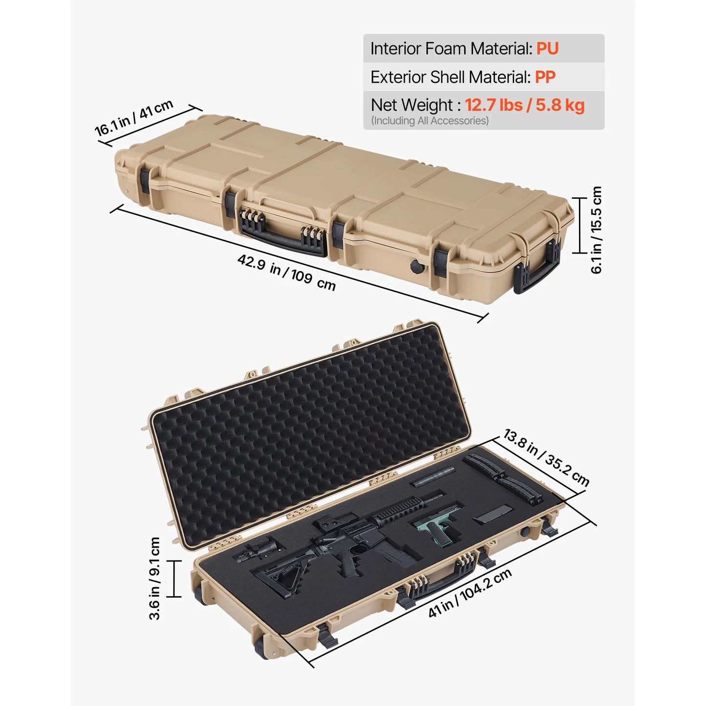 Hard Rifle Case Lockable Rifle Case with Pre-cut Foams Wheels IP67 Waterproof Pistol Storage Cases for Rifles Shotguns