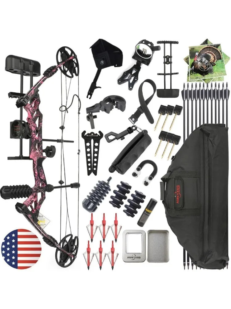 Adjustable Compound Bow with Arrows 30-70lbs 80% Let-off 320FPS High-Strength Alloy Riser for Archery Hunting Shooting Target Practice Outdoor Sports Accessories