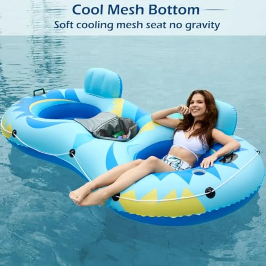 Inflatable River Tube Float 2 Person Heavy Duty with Removable Cooler and 2 Cup Holders for Adults Blue Lake Water Raft Lounge