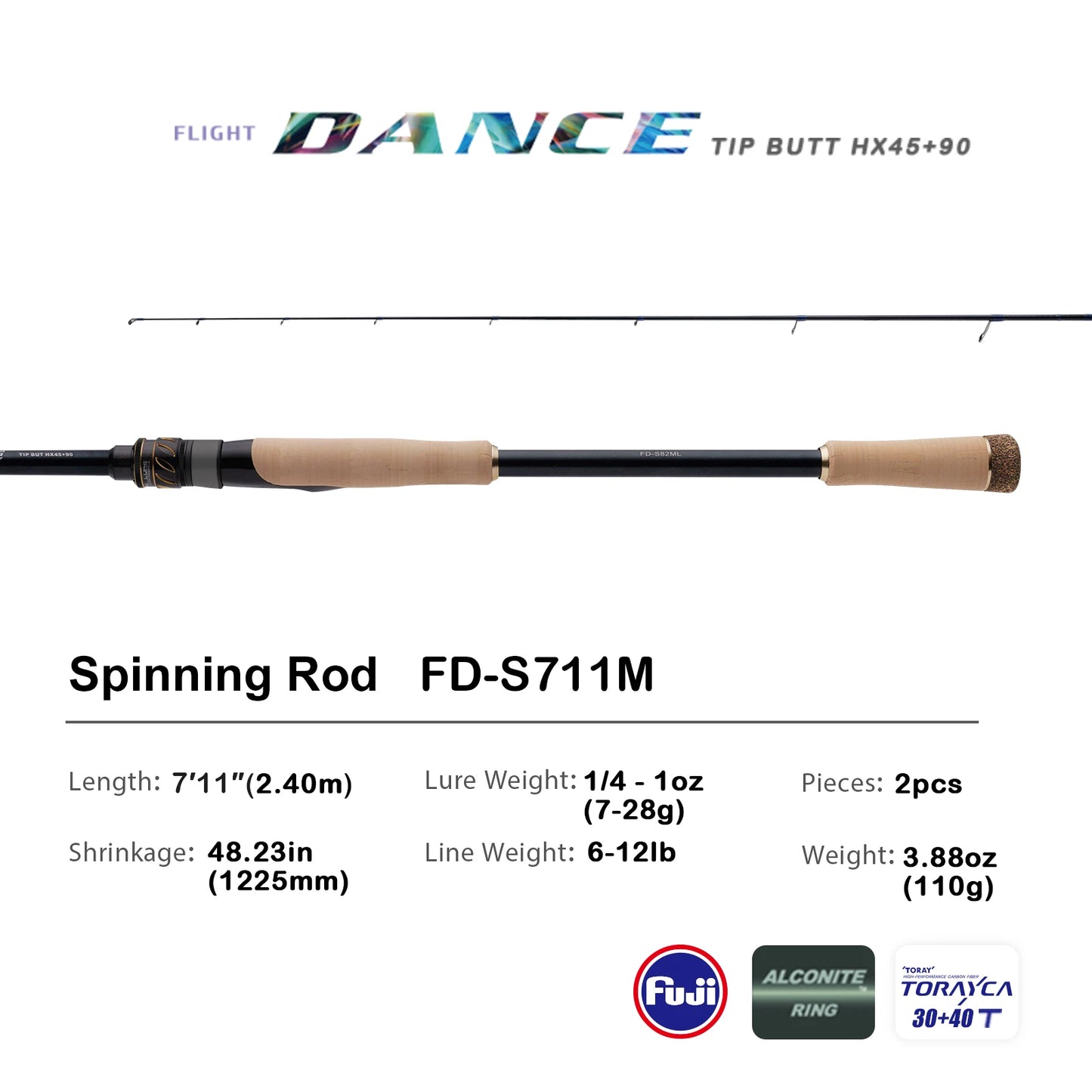 PURELURE Flight Dance Spinning Rod & Baitcaster Rod 30T+40T Carbon Fiber Fishing Rods 2 Piece Fuji Alconite/Fazlite Guides Fuji Reel Seat ML/M/MH/H Power Shore Fishing for Bass
