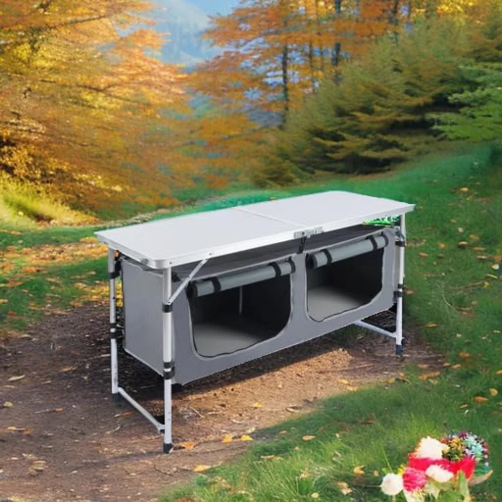 Folding Camping Table with Storage, Portable Kitchen  Lightweight, 3 Heights Adjustable Camping Furniture