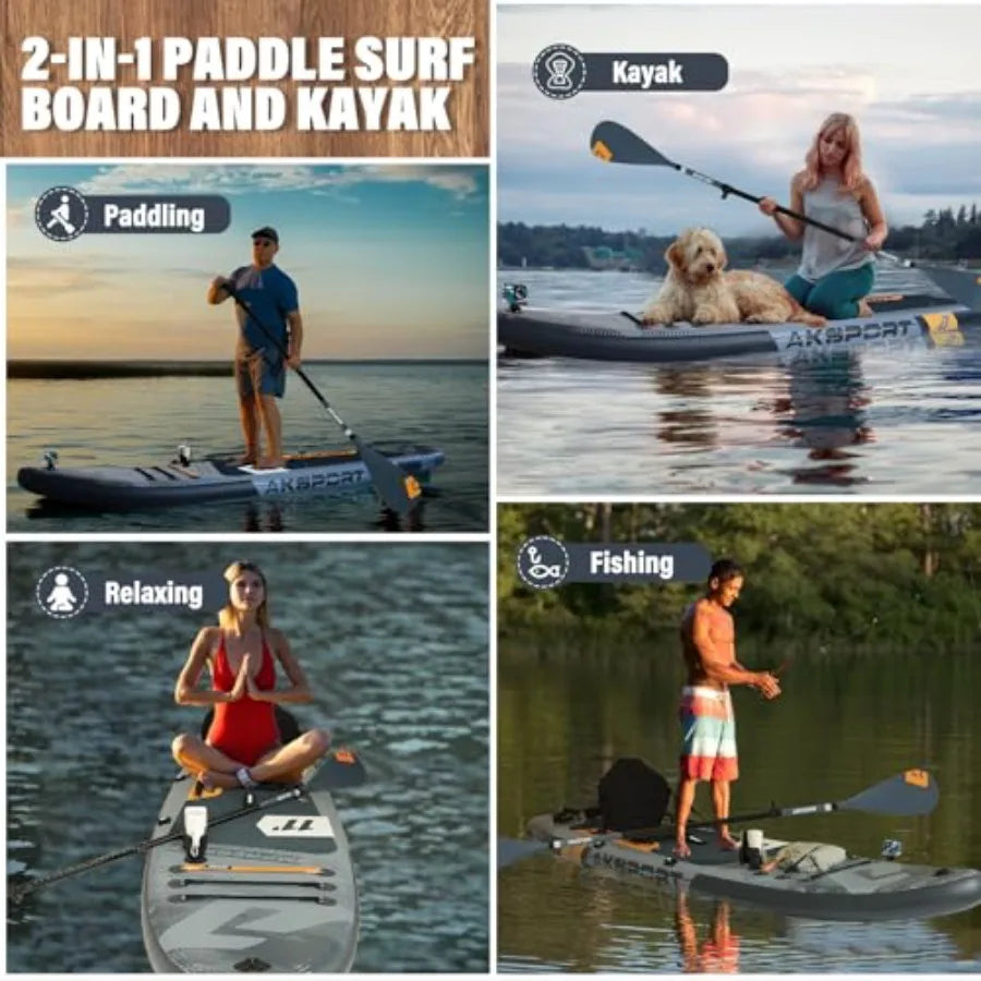 Inflatable Stand-Up Paddle Board for outdoor water sports, PVC material, blue-gray color, extra wide 34 non-slip deck with upgr