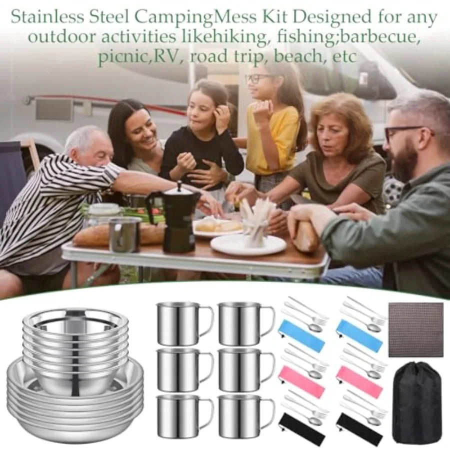 Outdoor Camping Cookware Mess Kit Polished Stainless Steel Dishes Camping Utensils Portable Tableware with Plates Cups Spoons F