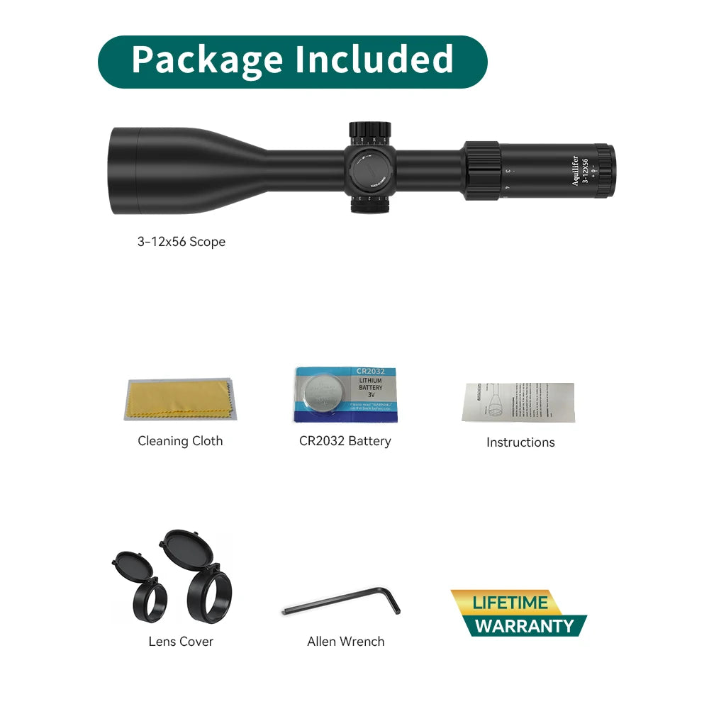 Aquilifer 3-12x56 Hunting Scope ED Glass Excellent Clarity Lifetime Warranty Zero Stop for Competition
