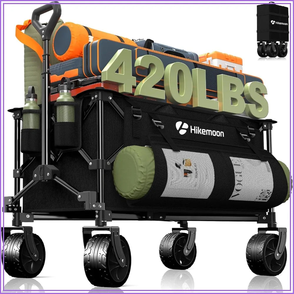 150L Collapsible Wagon, 420LBS Heavy Duty Folding Cart with All-Terrain Wheels, Portable Utility for Grocery, Shopping, Garden, Camping, Black