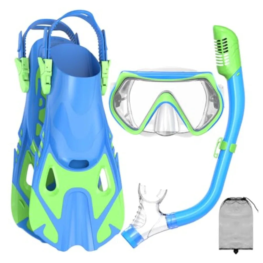 Snorkeling Gear for,Kid Mask Fins Dry Top Snorkel Set, Youth Boys Girls Junior Age 6-14 Swimming Diving Swim Fins, Tempered Gla