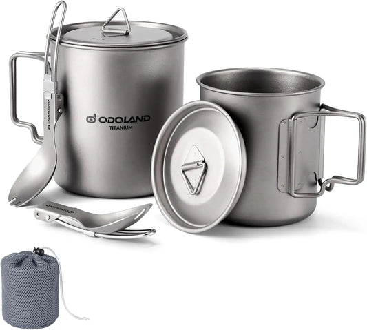 Titanium Camping Cookware 420ML & 750ML Pot with Lid and Spork, Lightweight Backpacking Cook Set for Hiking Travel Picnic