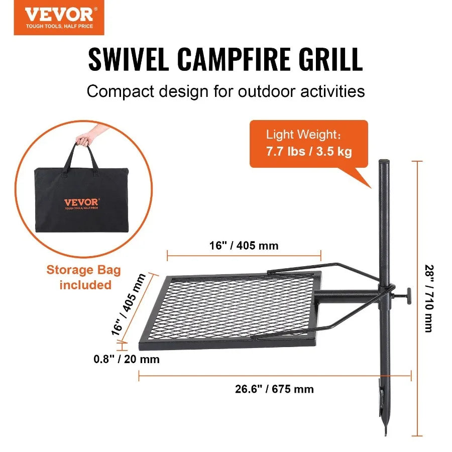 Swivel Campfire Grill for Fire Pits Heavy Duty Steel 360 Adjustable Outdoor Cooking Grate Portable Camp Fire Rack in Black Dura