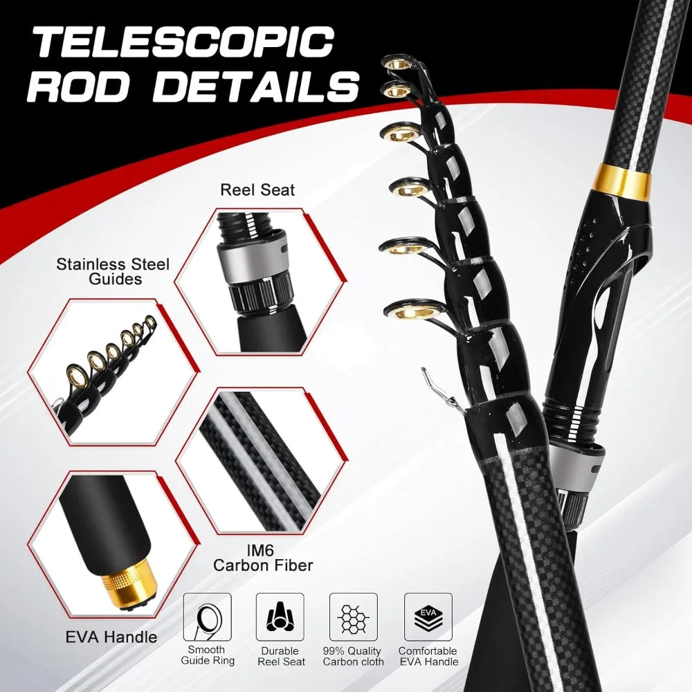 6.89ft Fishing Rod and Reel Combo, 2PCS Telescopic Carbon Fiber Fishing Rod, Spinning Reels *2, Fishing Line *2,