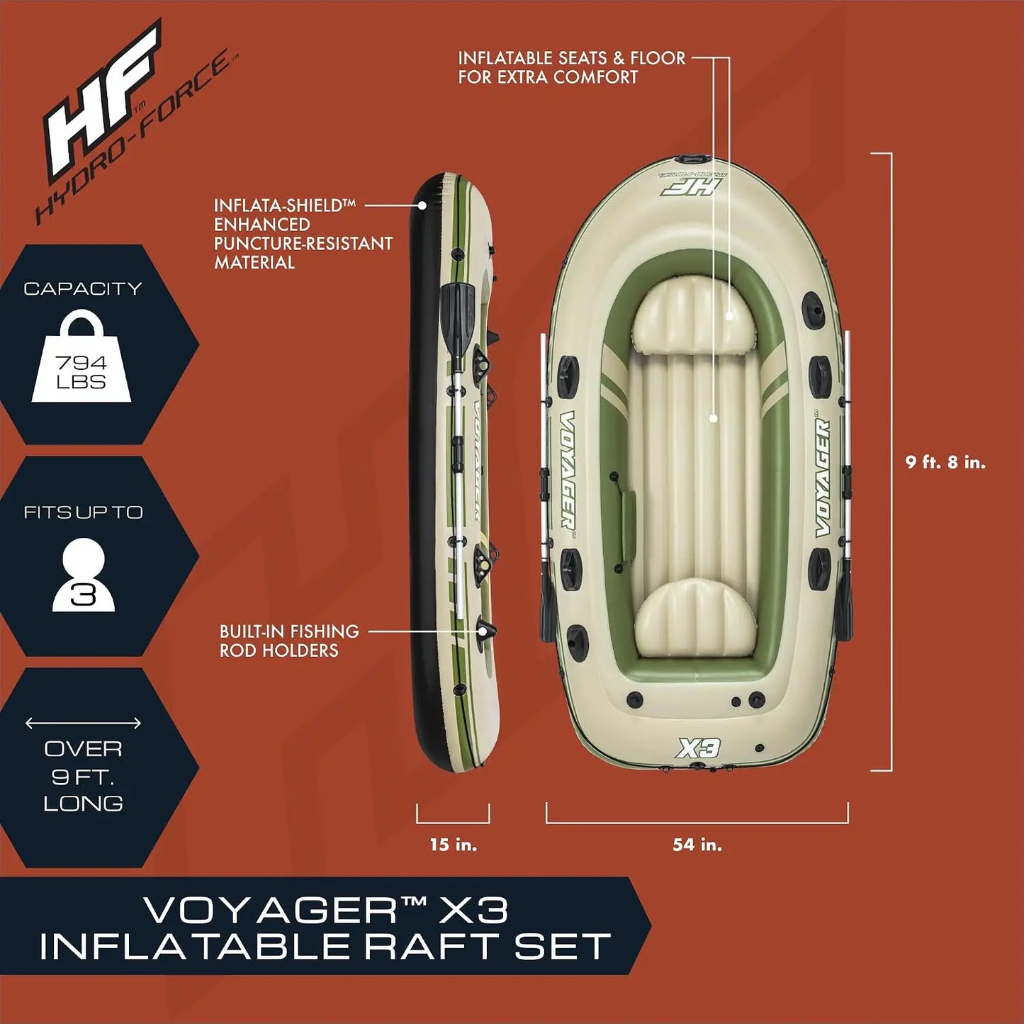Inflatable Raft Set for 3 Adults, 9.8ft, Heavy-Duty PVC, Includes Oars & Carry Bag