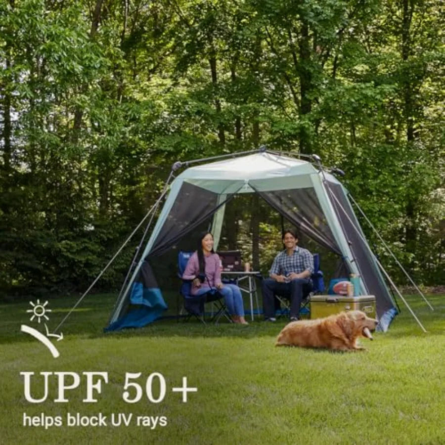 Portable screenhouse for outdoor picnics, events, parties, camping; polyester mesh fabric, beige color, 1-minute quick setup an