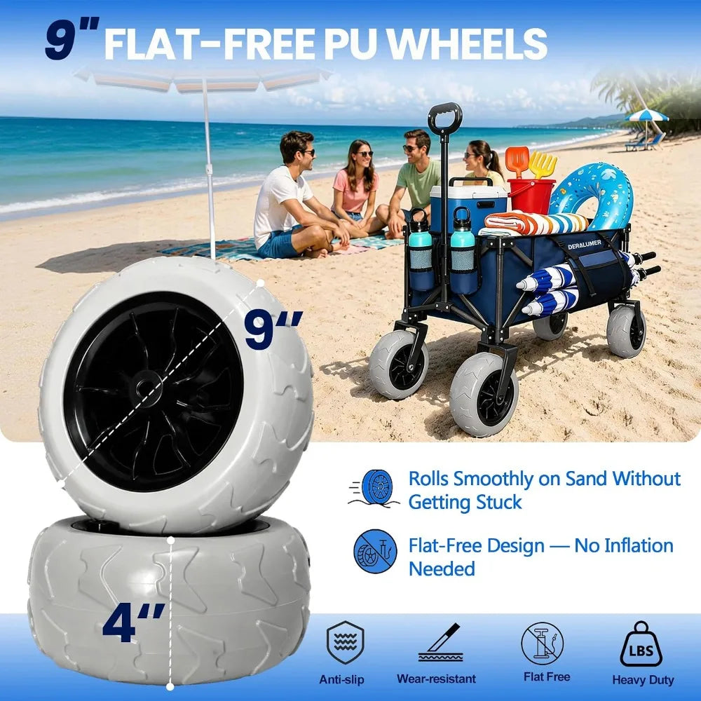 300L Heavy Duty Beach Wagon with Sand-Proof All-Terrain Wheels, Foldable Utility Cart for Camping & Sports (Navy Blue)