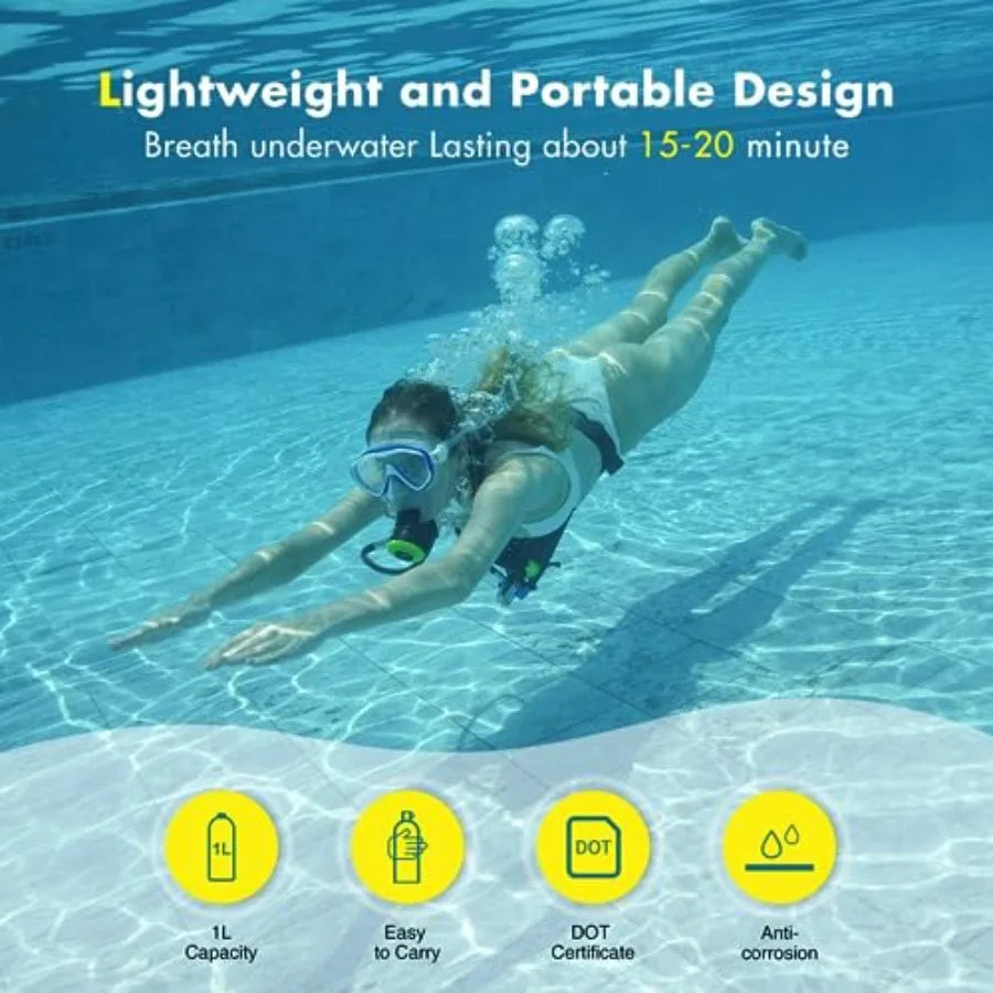 Mini Scuba Tank 1L Lung Tank for Snorkeling Scuba Diving: Aluminum Alloy Matte Black Lightweight Portable Emergency Air Supply