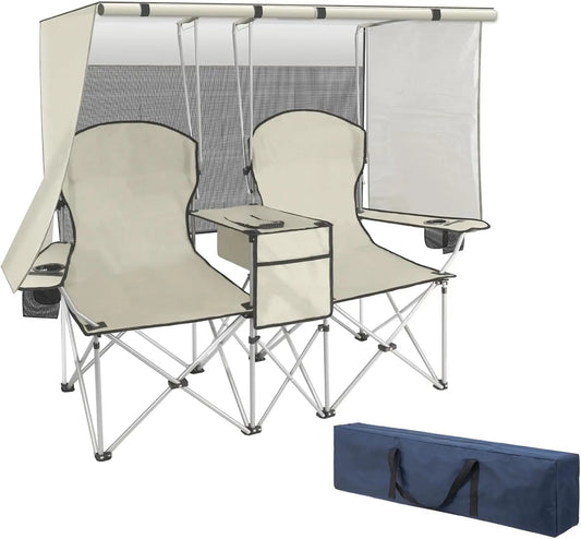 Double Camping Chair with Canopy, Loveseat Camping Chair,Folding Beach Chair with Cup Holder Cooler Bag for Sports Beach Outside