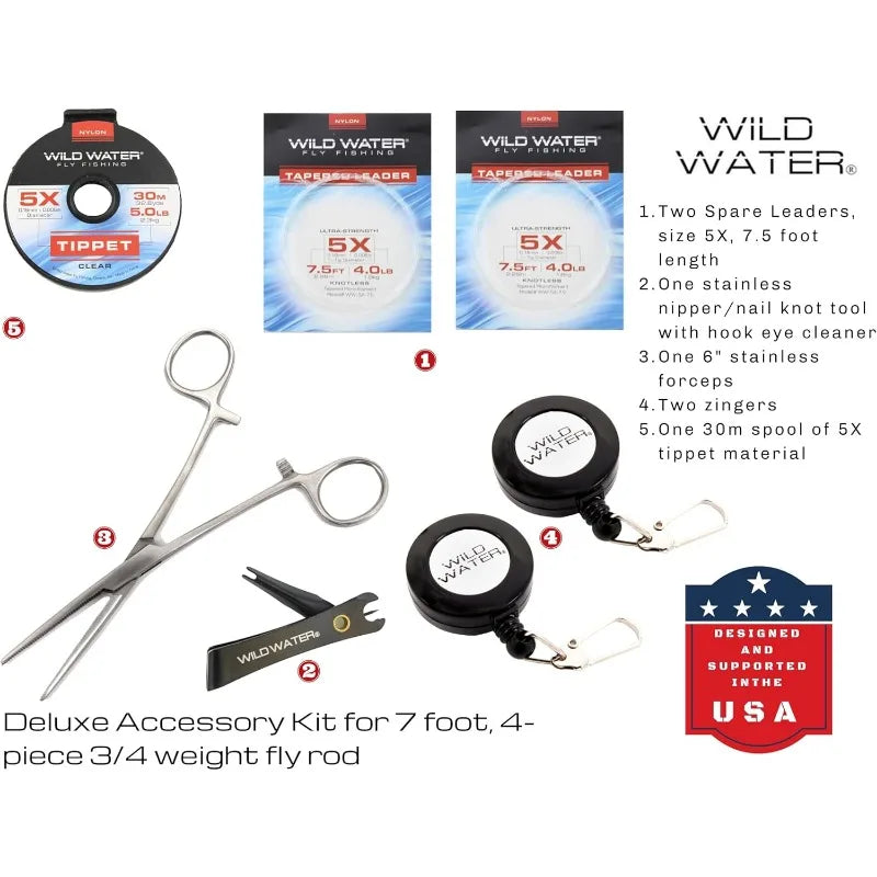 Deluxe Fly Fishing Combo Starter Kit, 7-Foot Pole, 4-Piece Fly Rod Kit, 3/4 Weight, Fishing