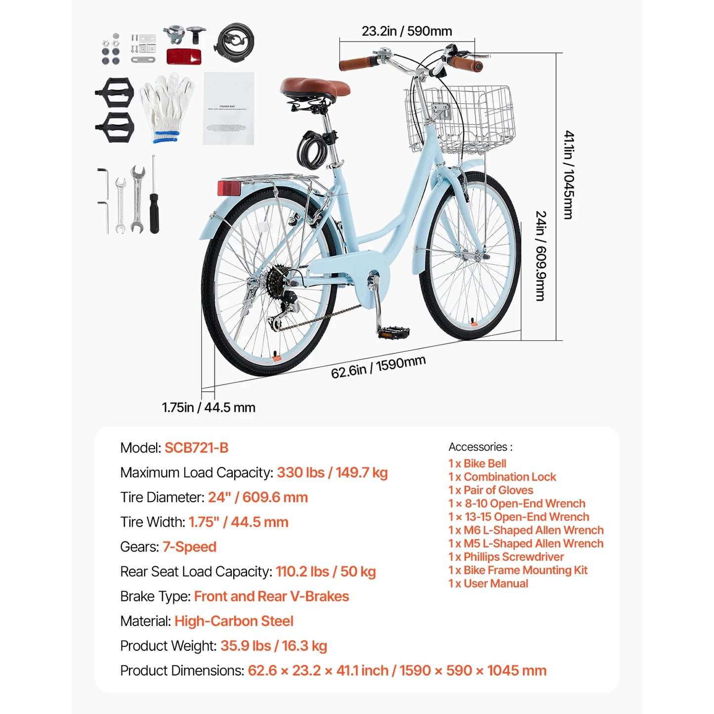 SucceBuy Cruiser Bike 24/26Inch Beach Cruiser Bike with Basket Rear Rack Adjustable Seat, Fits for Cycling, Exercise & Shopping