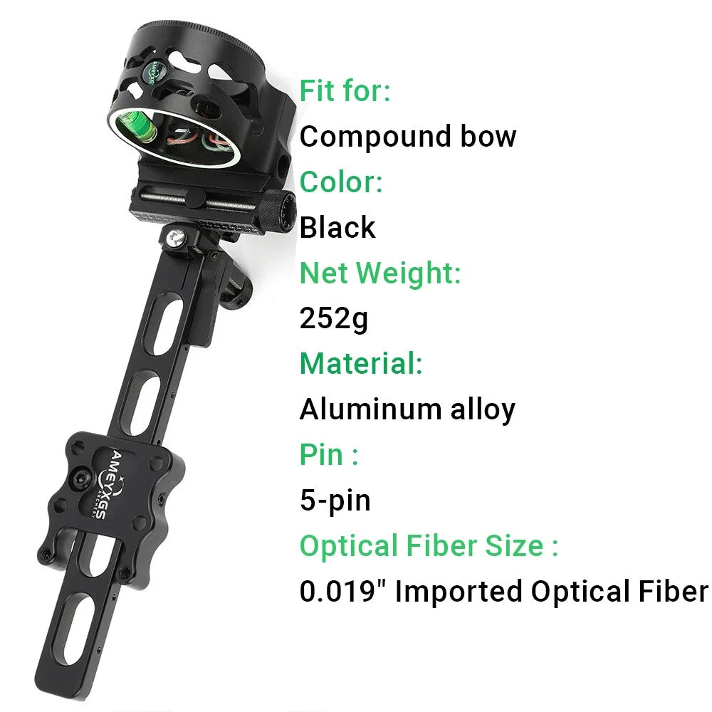 Compound Bow Sight 5 Pin Long Rod 0.019 Fiber Optic Adjustable Left Right Hand for Hunting Shooting Target Practice Accessories