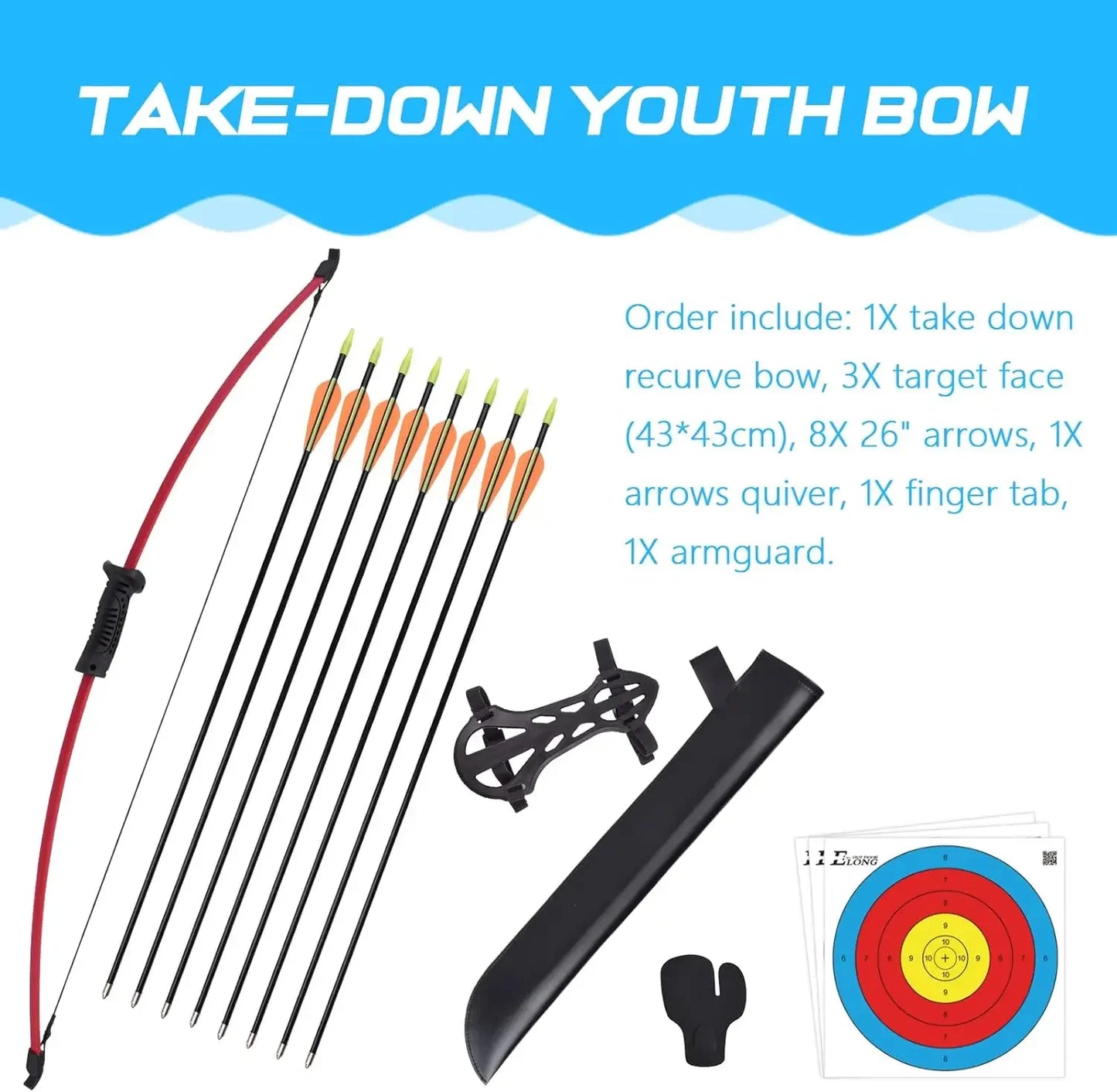 Recurve Bow and Arrow Set Outdoor Junior Archery Beginner Training Includes 8 Arrows, Armguard, Quiver, Target Face, Finger Tab