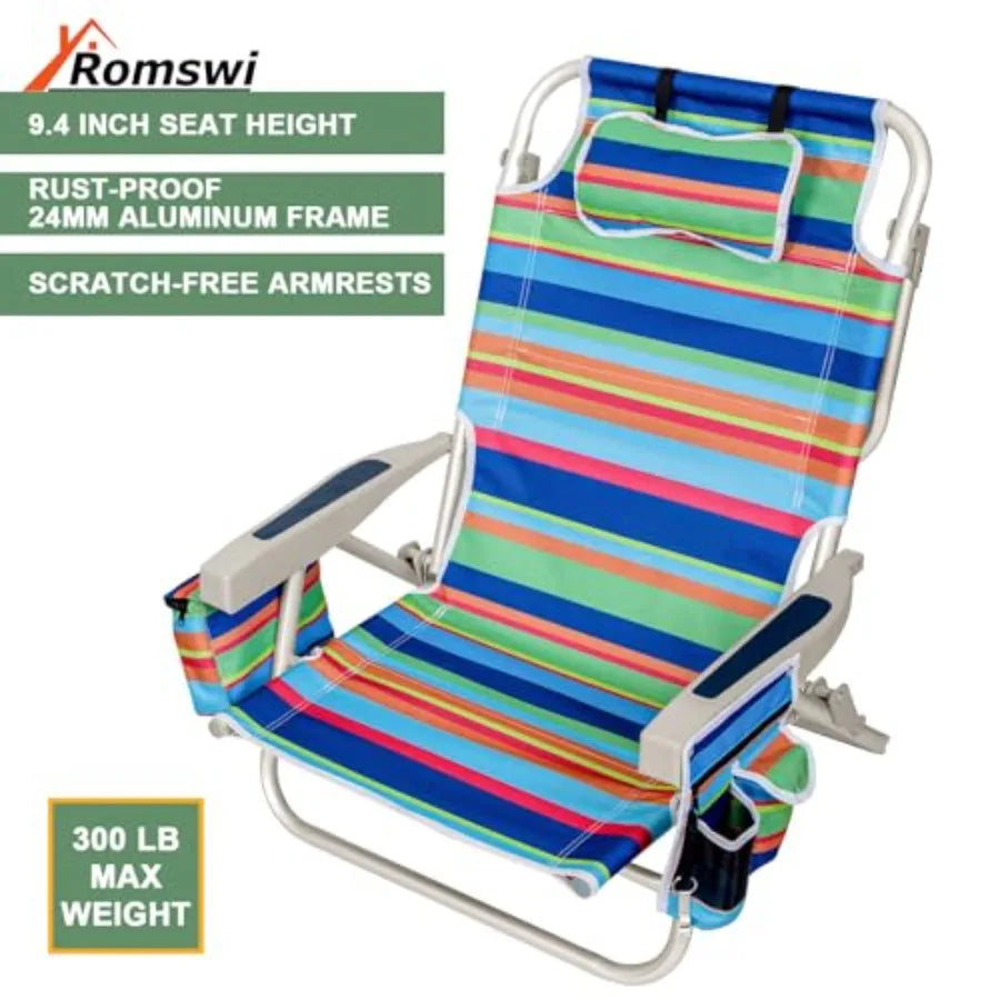 2Pk Aluminum Extra Wide 5-Position Lay Flat Folding Backpack Beach Chairs for Adults, with Cooler Bag, CupPhone Holder, Towel B