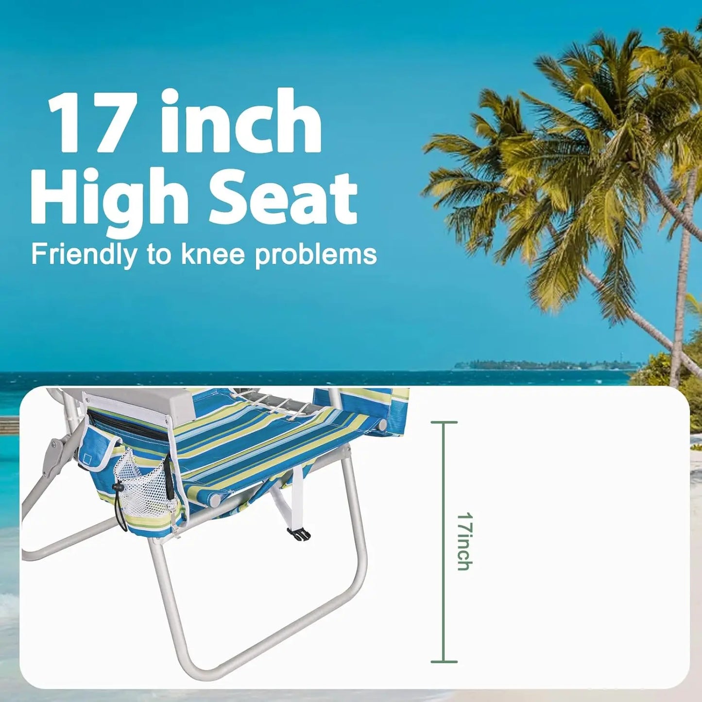 Extra Wide Tall Beach Chair 17" Seat Backpack Cooler Cup Holder 5-Position Recline Towel Bar Pocket Striped, Custom