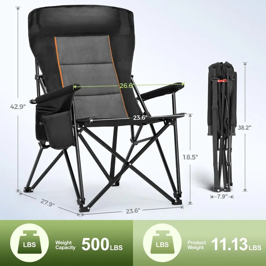 CAMP Oversized Camping Chairs 29.52 High Back Heavy Duty Lawn Chair Support 500LBS, Portable Collapsible Chair with Cup Holder,