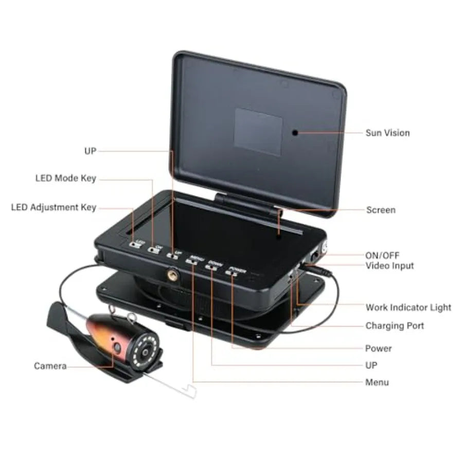 Underwater Fishing Camera for Ice Fishing, Portable 5 LCD, PVC Housing, Black, USB-C Charging, 3-Grade IR Lighting, 4X Zoom, 10