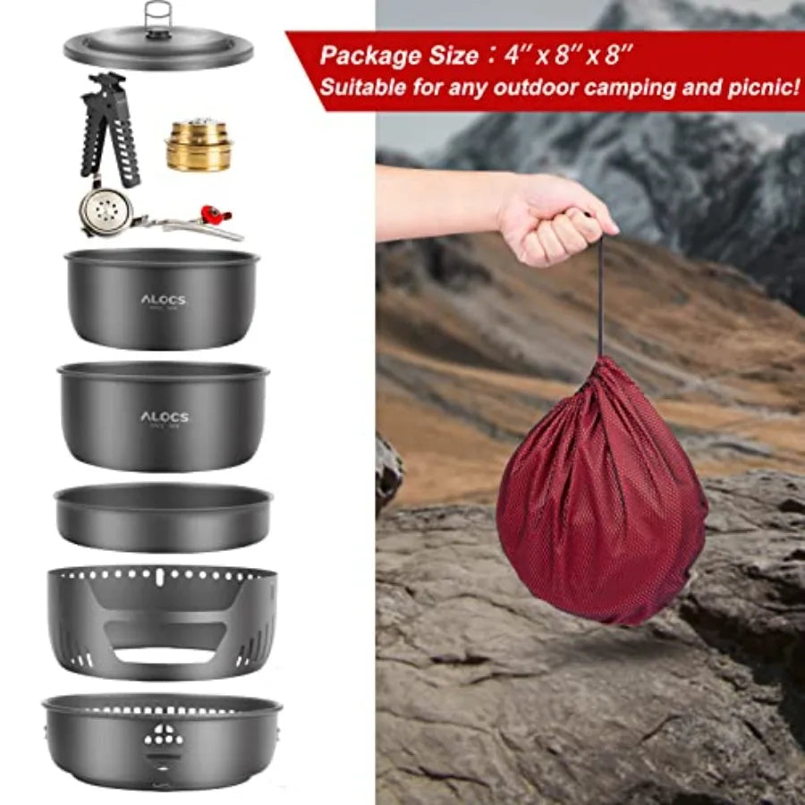 Camping Cookware - 11 Piece Lightweight Camp Cooking Set with Portable Camping Stove Gas Stove Burner - Durable Compact Camping