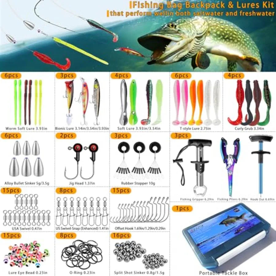 Fishing Backpack with Tackle Boxes and Rod Holder, Cooler, 30L Large Tackle Bag with Fishing Gear Lures Kit, Waterproof Bottom