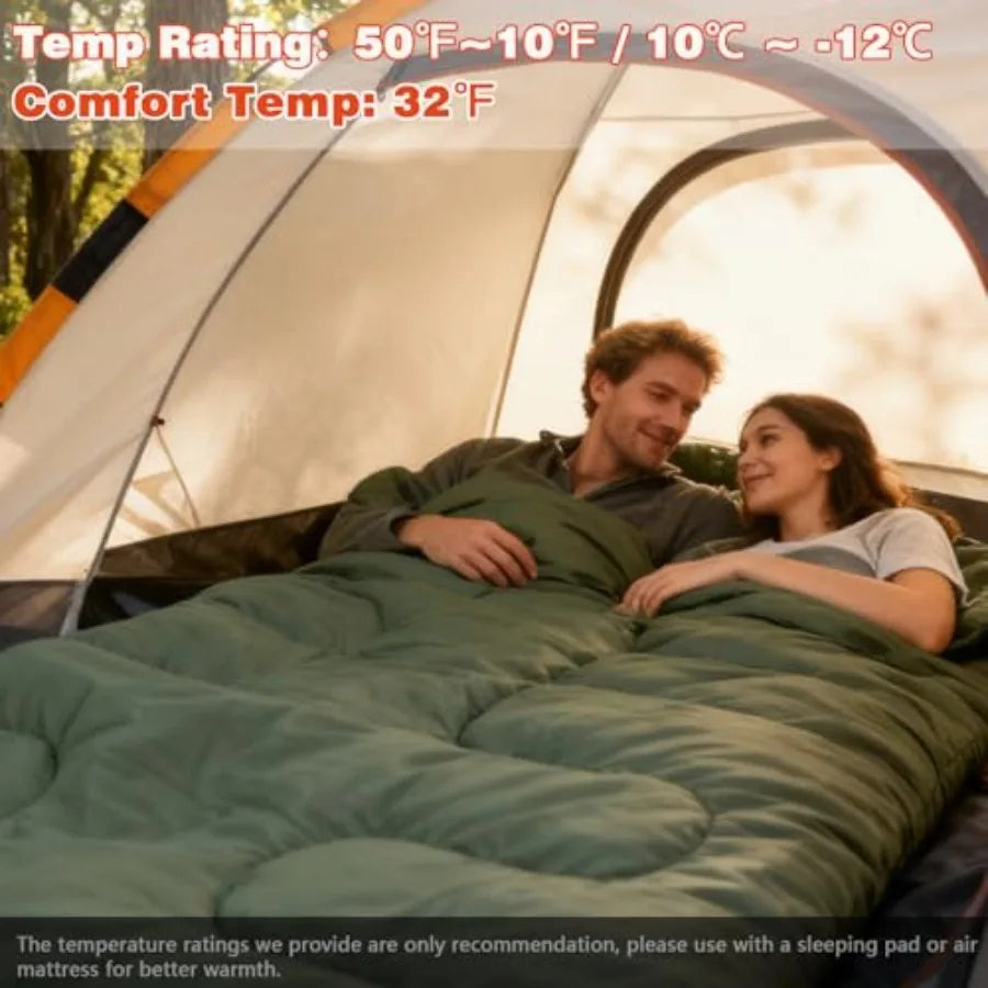 Car camping, hunting, tent camp sleeping bag: 0 double adult queen size 2-person cold weather sleeping bag with compression sac
