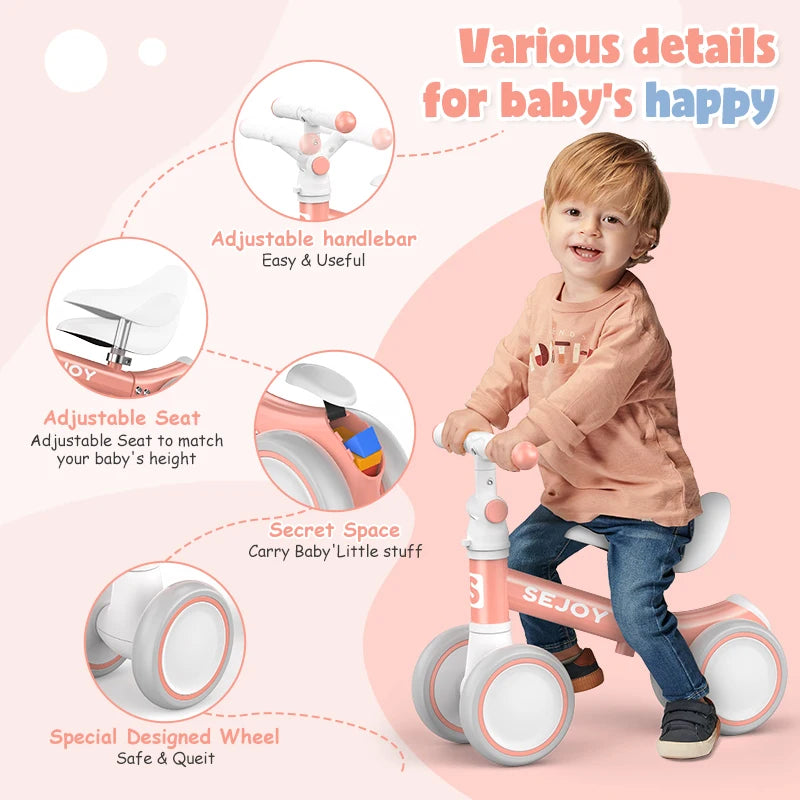 SEJOY Baby Balance Bike Ride Toy for 1-3 Year Adjustable Seat,,Pedal-free 4-Wheels Baby Toddler, Sturdy Steel Frame, Non-Slip Handles, Soft PU Seat, Indoor Outdoor Play, First Birthday Gift for Toddler Boys Girls