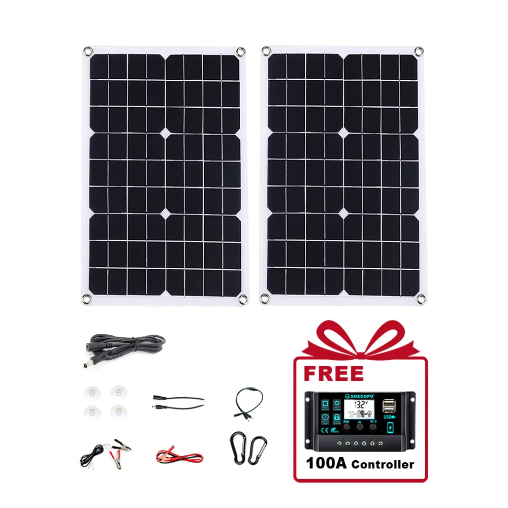 SOECOPO 1000W Portable Solar Panel Kit - 2*18V Photovoltaic Panels for Camping. Includes Free 100A Controller & USB 5V Charging.